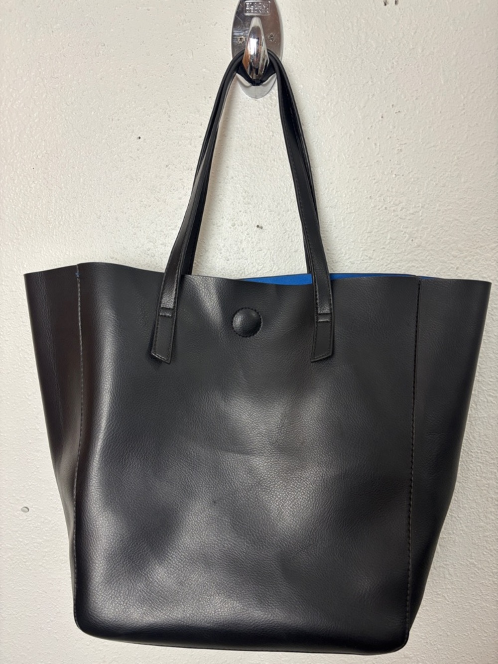 Large Black Leather Tote Bag with Blue Interior. Sz OS